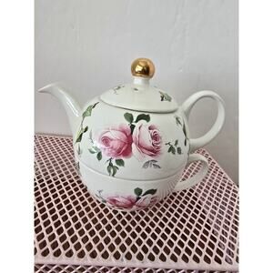 Allyn Nelson Pink Rose Floral Bone China Stacking Tea Set